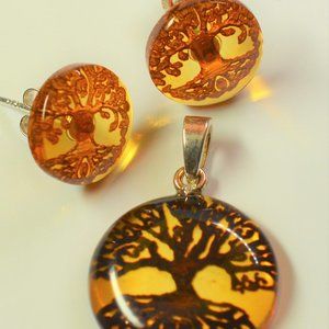 Baltic Amber Tree of Life Pendant and Earring set
